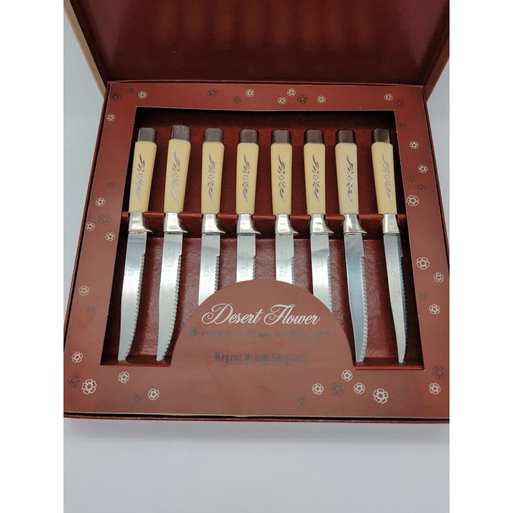 Royal Sheffield Desert Flower Steak Knives 8 Pc England 1960's
